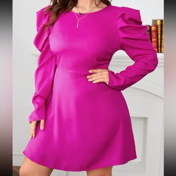 Plus Size Tie Back Puff Long Sleeve Dress - Picture 5 of 5